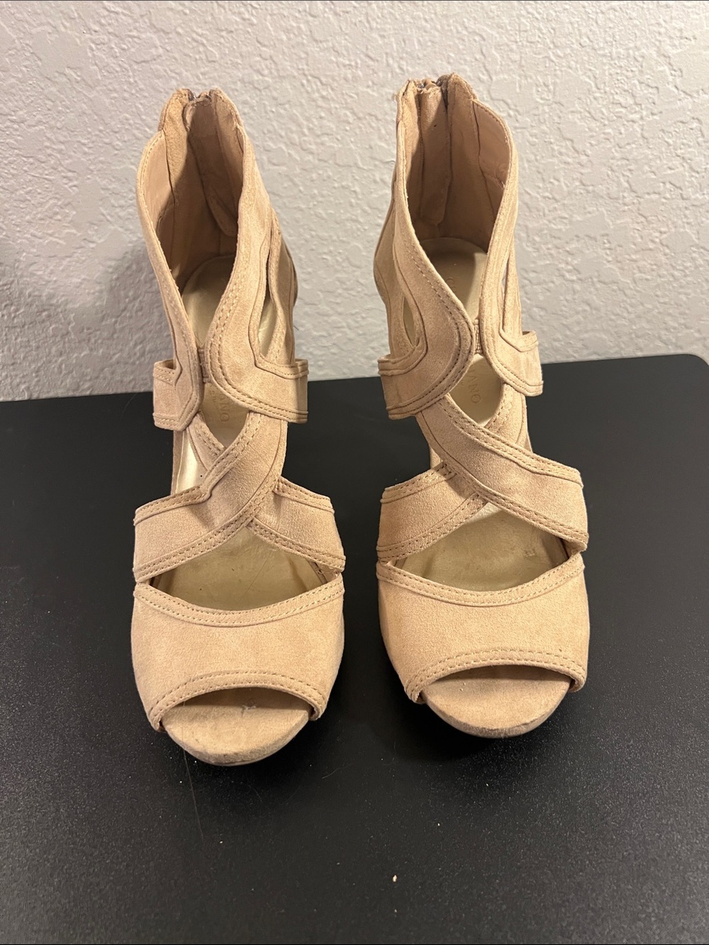 Christian Siriano Nude Suede Crisscross Peep-Toe Heels